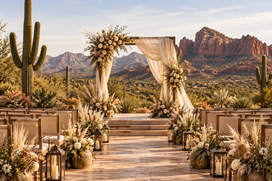 Wedding seating arranged in an Arizona-inspired desert landscape