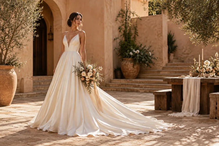 Bride in an ivory gown standing in a sunlit adobe courtyard