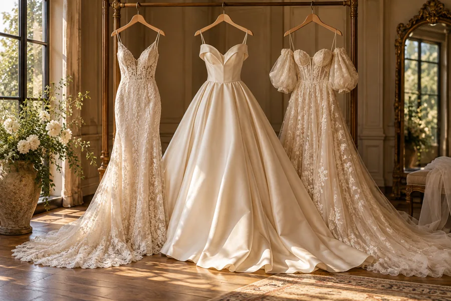 Ivory wedding gowns showing different silhouettes