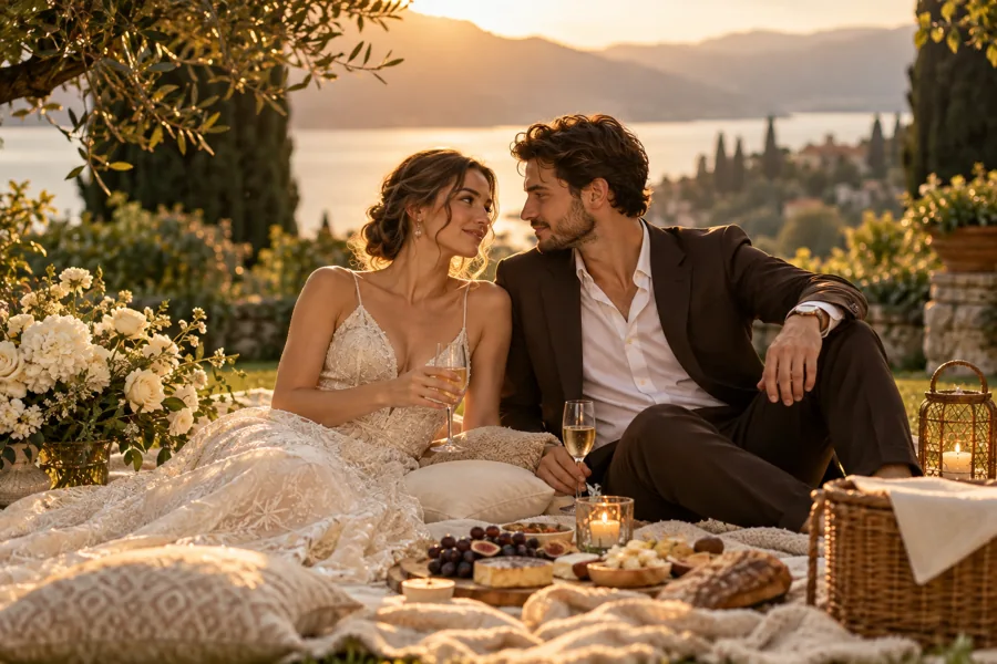 Couple enjoying a quiet garden picnic at golden hour