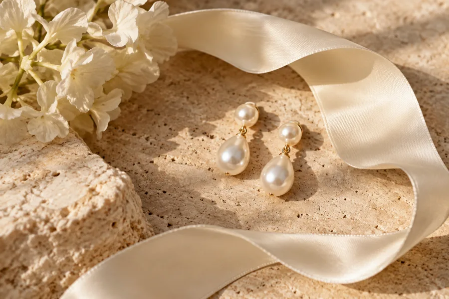 Pearl earrings resting on ivory ribbon and limestone